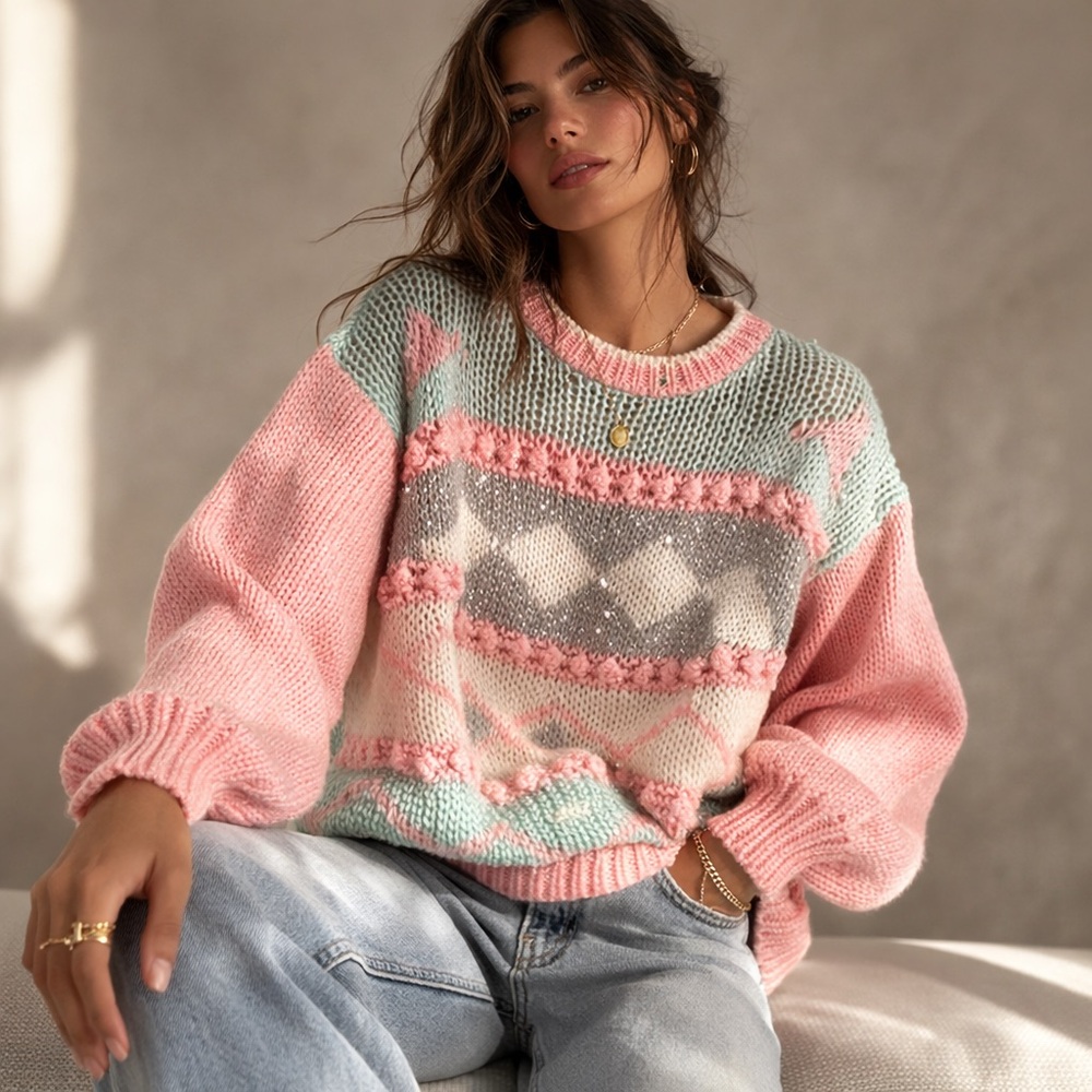 Vintage Evidence Hand Knit Pastel Chunky
Sweater Textured Metallic Korea Sz L